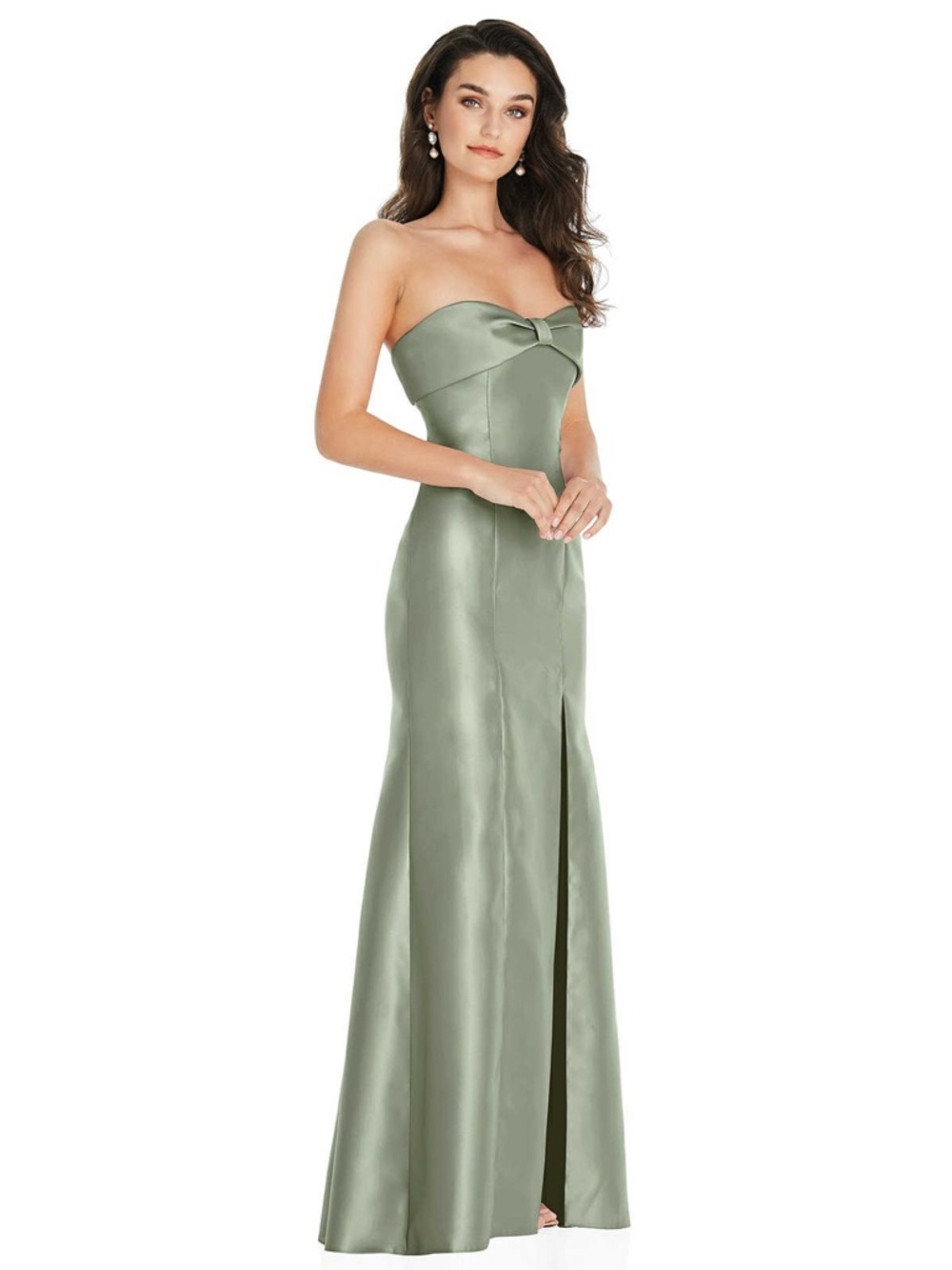 Dessy Sage Green Satin Gown with Front Bow and slit NWT
